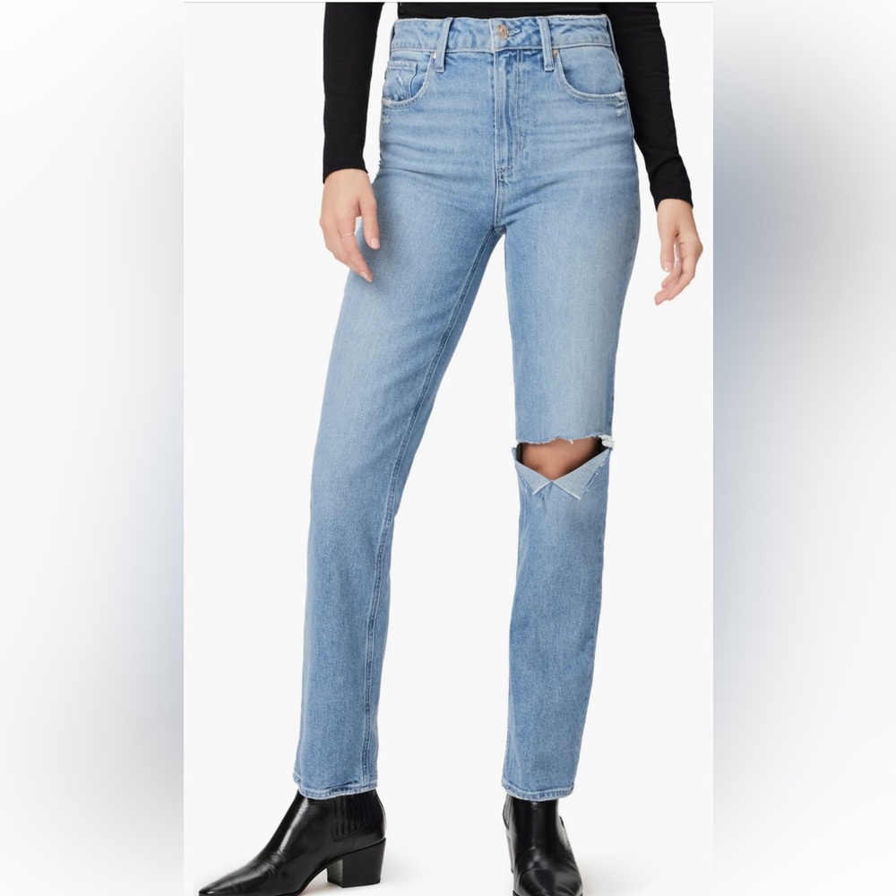 Paige Stella High-Rise Light Blue Straight-Leg Jeans with Knee Rip